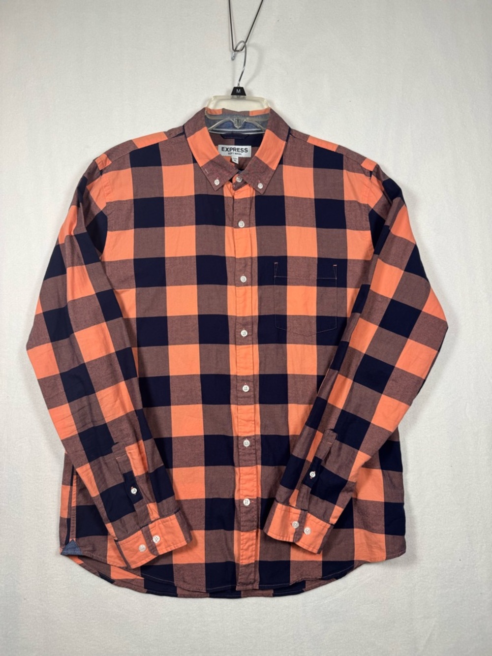 Express Orange and Navy Check Long-Sleeve Button-Down Shirt